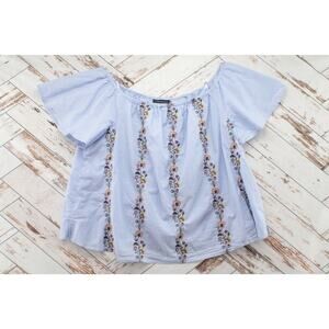 Lane Bryant Embroidered Peasant Top Women 18 20 Cotton Scoop Neck Blouse Blue